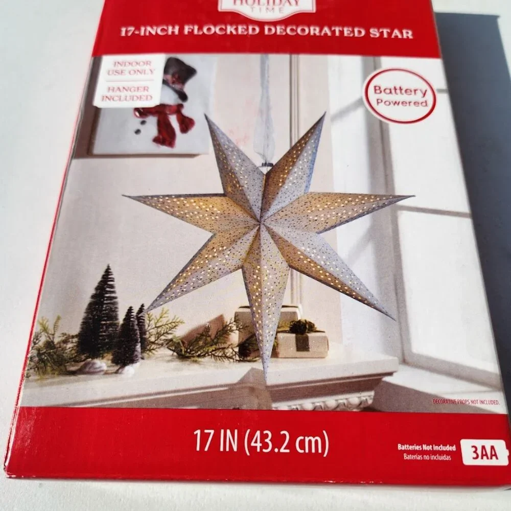 NEW Light Up Battery Operated Flocked Star Christmas Hanging Decoration Decor Ho
